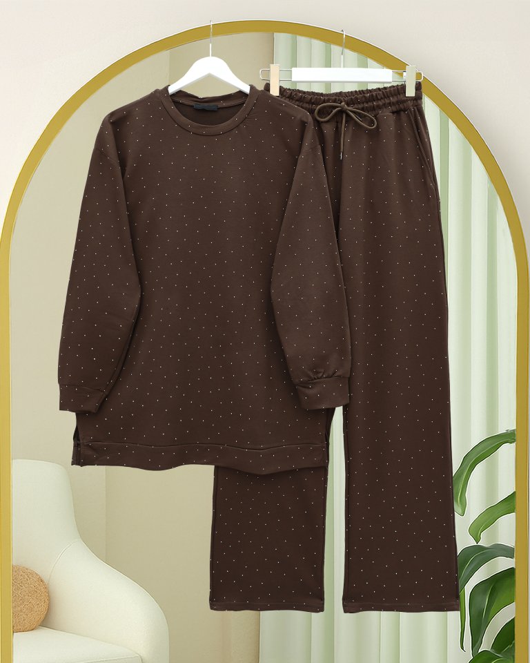 Serpme Taş Detaylı Pantolonlu Oysho Takım  -Kahve