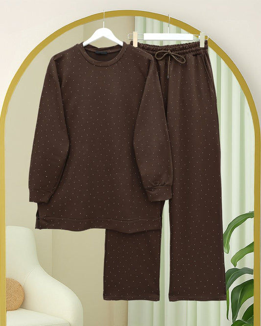 Serpme Taş Detaylı Pantolonlu Oysho Takım  -Kahve
