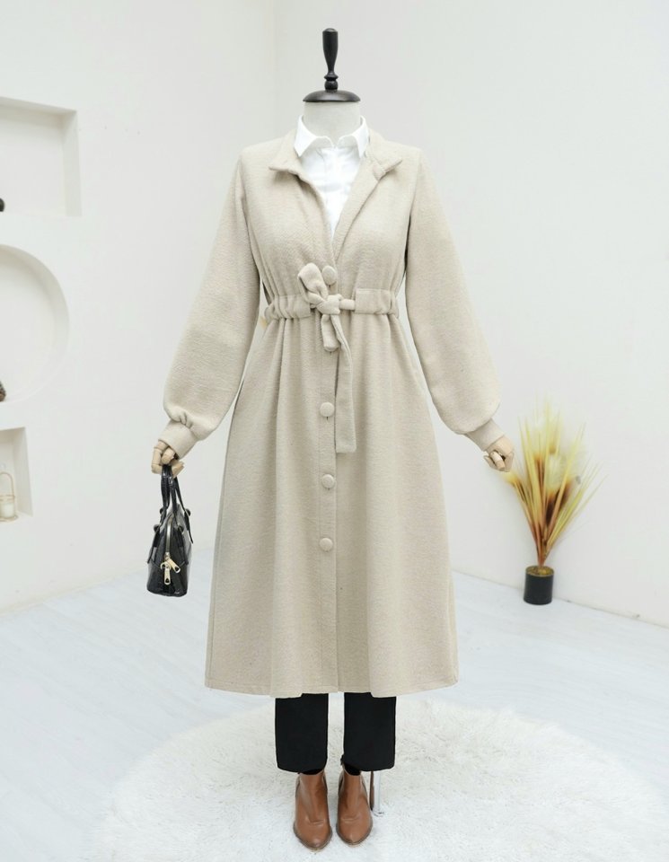 Belden Bağlamalı Top Düğmeli Kaşe Kaban  -Bej