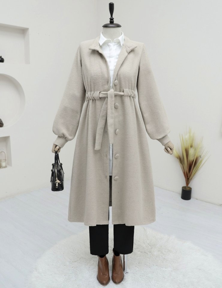 Belden Bağlamalı Top Düğmeli Kaşe Kaban  -Taş