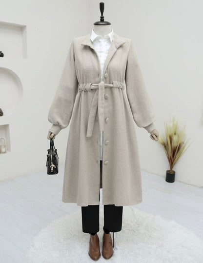 Belden Bağlamalı Top Düğmeli Kaşe Kaban  -Taş