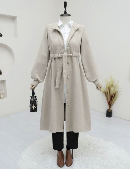 Belden Bağlamalı Top Düğmeli Kaşe Kaban  -Taş