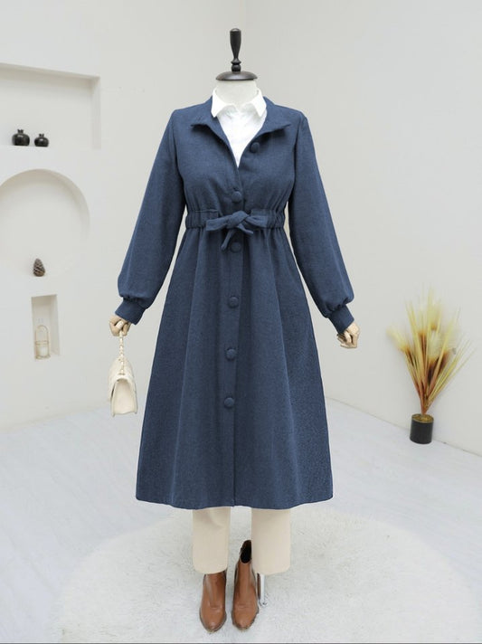 Belden Bağlamalı Top Düğmeli Kaşe Kaban    -Laci