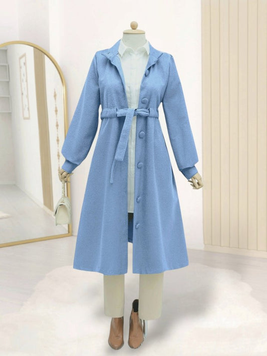 Belden Bağlamalı Top Düğmeli Kaşe Kaban -Mavi