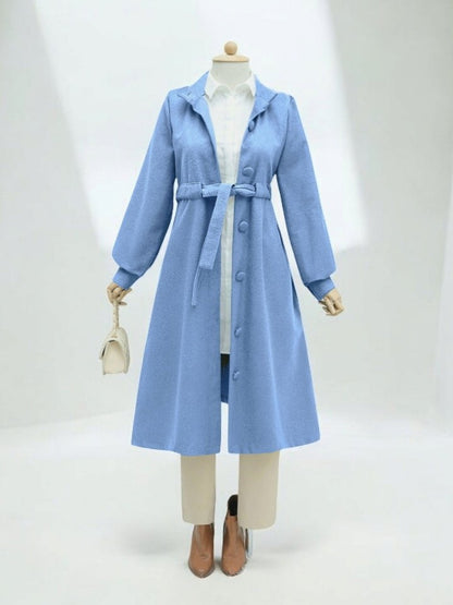 Belden Bağlamalı Top Düğmeli Kaşe Kaban -Mavi