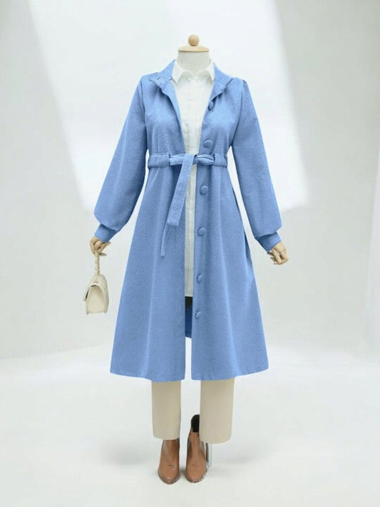 Belden Bağlamalı Top Düğmeli Kaşe Kaban -Mavi