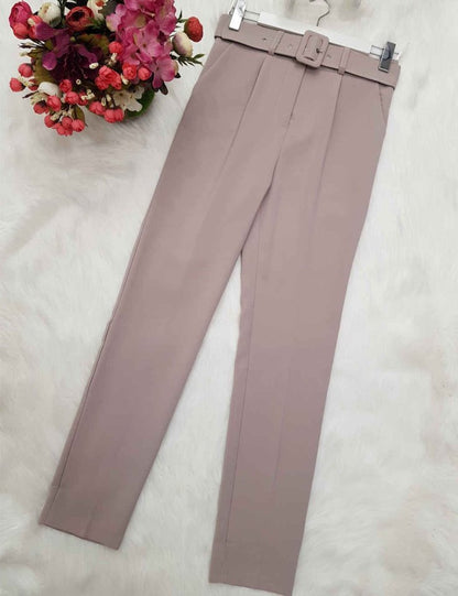 Kalın Kemerli Kumaş Pantalon   -Krem