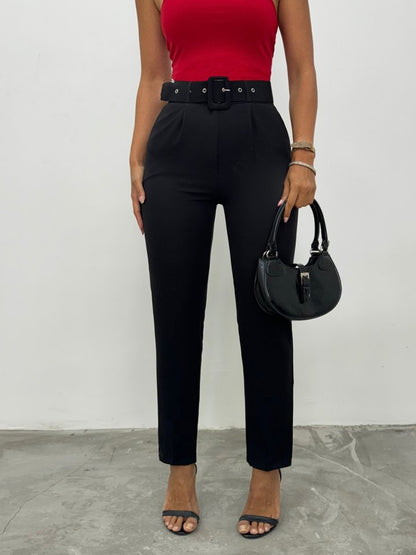 Kalın Kemerli Kumaş Pantalon  -Siyah