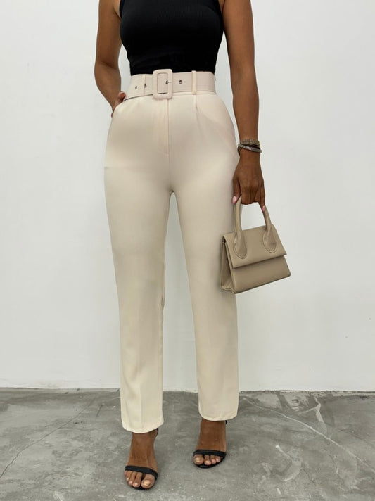 Kalın Kemerli Kumaş Pantalon    -Bej