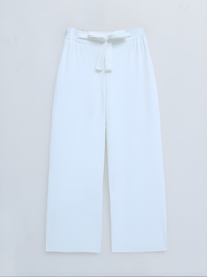 Duble Kumaş Beli Kuşaklı Bol Paça Pantolon  -Beyaz