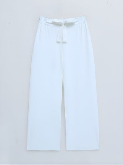 Duble Kumaş Beli Kuşaklı Bol Paça Pantolon  -Beyaz