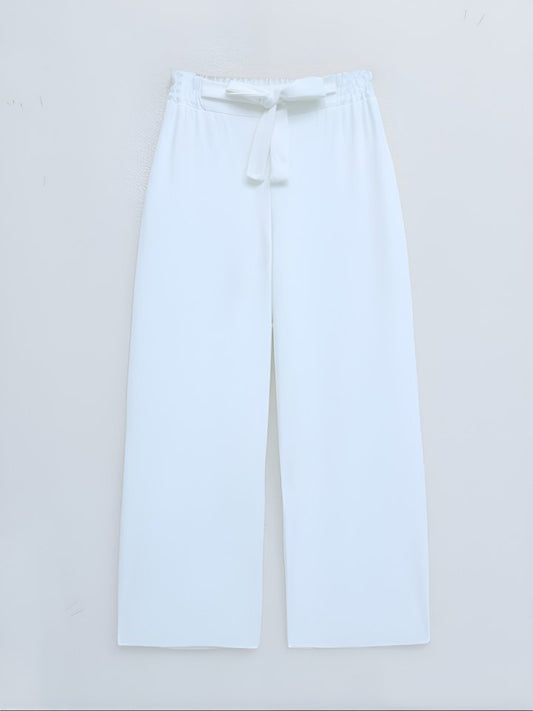 Duble Kumaş Beli Kuşaklı Bol Paça Pantolon  -Beyaz