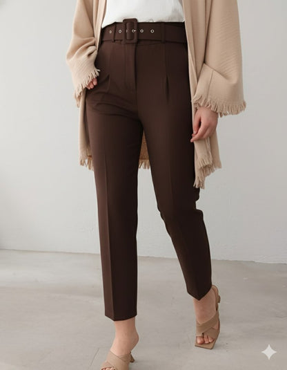 Kalın Kemerli Kumaş Pantalon     -K. Kahve