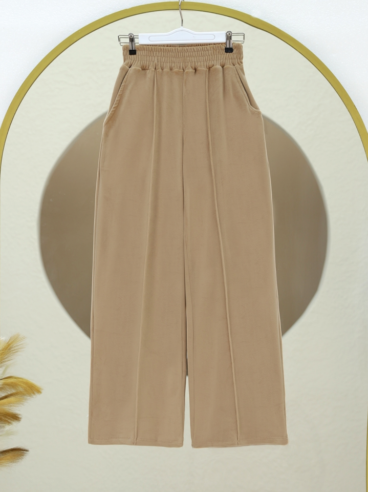 Çımalı Beli Lastikli Kadife Pantolon -Vizon