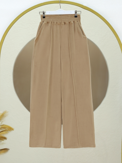 Çımalı Beli Lastikli Kadife Pantolon -Vizon