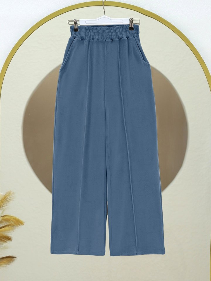 Çımalı Beli Lastikli Kadife Pantolon -Mavi