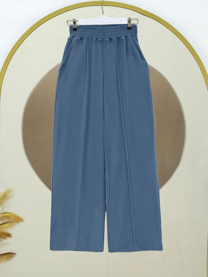 Çımalı Beli Lastikli Kadife Pantolon -Mavi