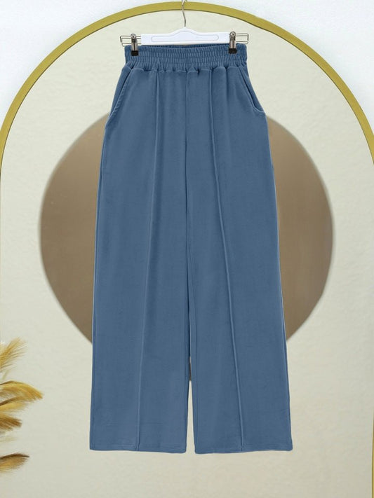Çımalı Beli Lastikli Kadife Pantolon -Mavi