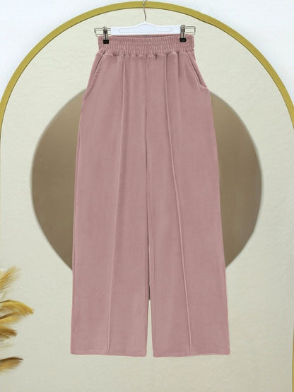 Çımalı Beli Lastikli Kadife Pantolon -Pudra