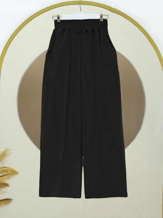 Çımalı Beli Lastikli Kadife Pantolon -Siyah