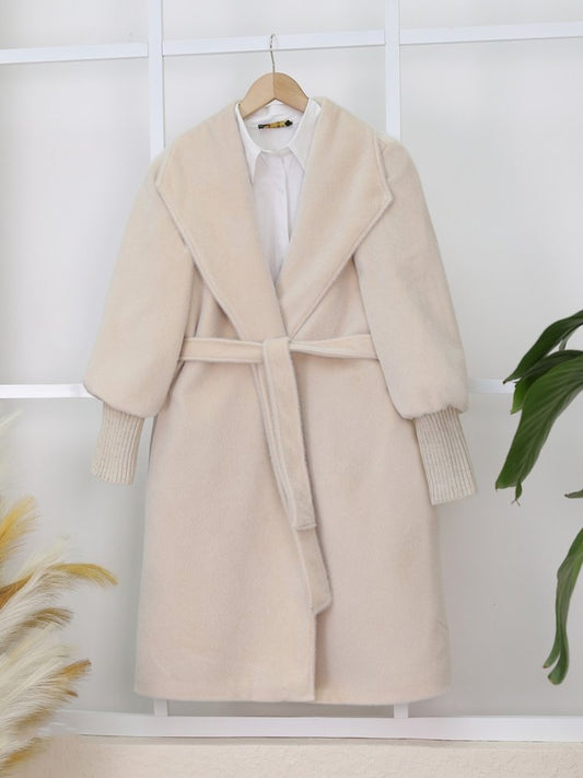 Kolu Ribanalı Şal Yaka Astarlı Kaşe Kaban -Krem