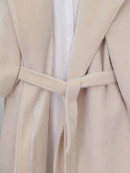 Kolu Ribanalı Şal Yaka Astarlı Kaşe Kaban -Krem