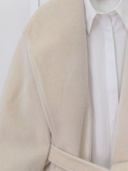 Kolu Ribanalı Şal Yaka Astarlı Kaşe Kaban -Krem