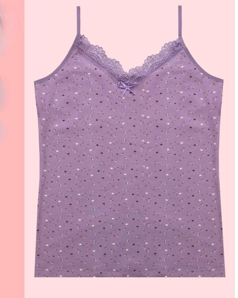 Kalp Desenli Askılı Dantelli Atlet -Mor