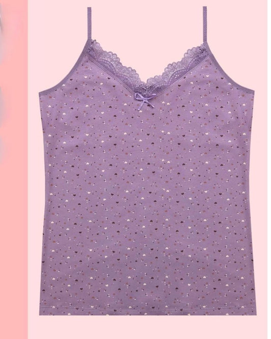 Kalp Desenli Askılı Dantelli Atlet -Mor