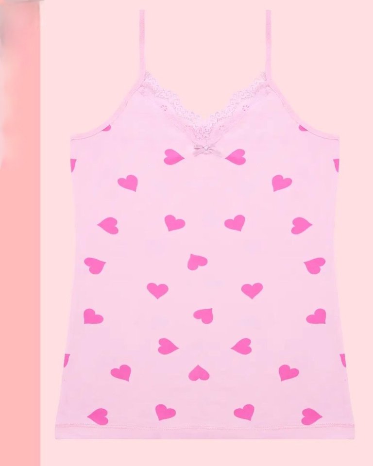 Kalp Desenli Askılı Dantelli Atlet -Pembe