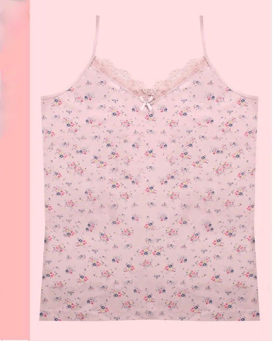 Çiçek Desenli Dantelli İp Askılı Atlet -Somon