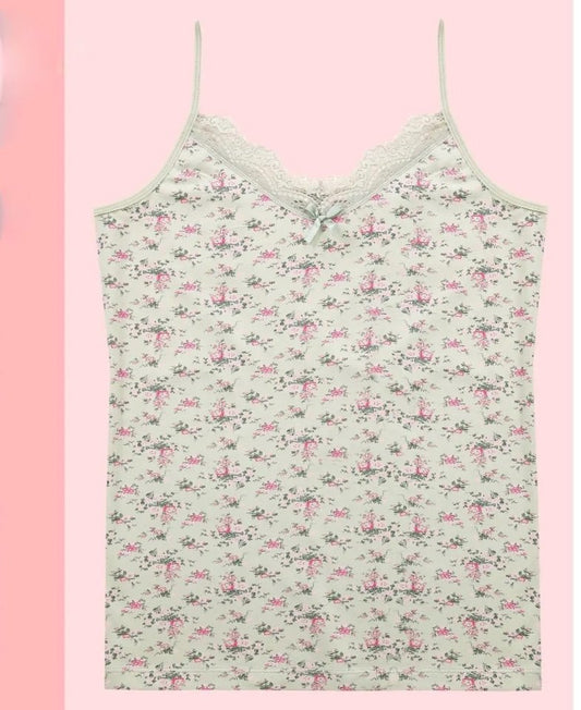 Çiçek Desenli Dantelli İp Askılı Atlet -Su Yeşili