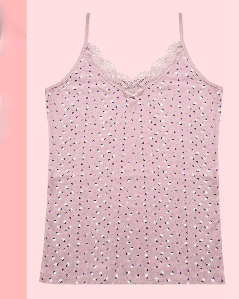 Çiçek Desenli Dantelli İp Askılı Atlet -Toprak