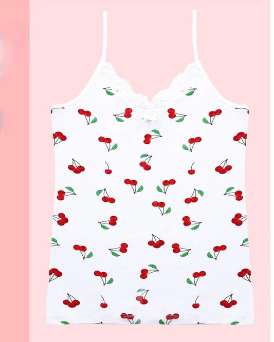 İp Askılı Kiraz Desenli Dantelli Atlet -Beyaz