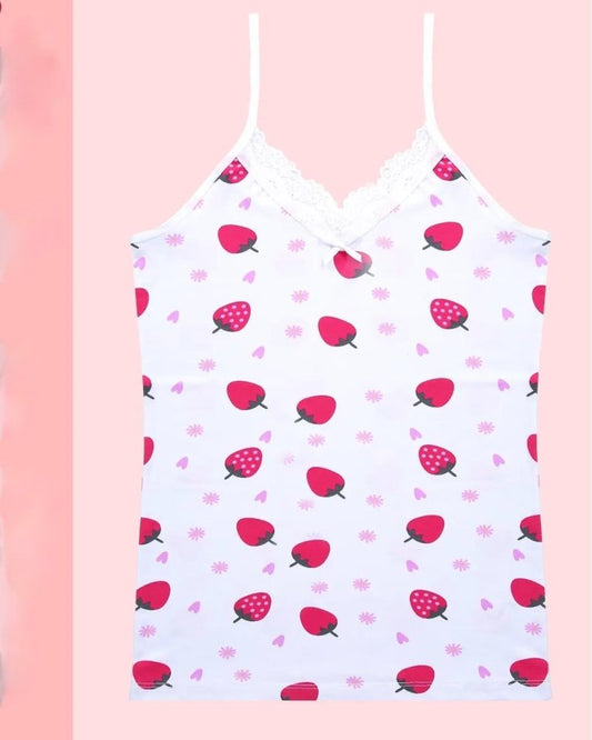 Dantelli Çilek Desenli Askılı Atlet -Beyaz