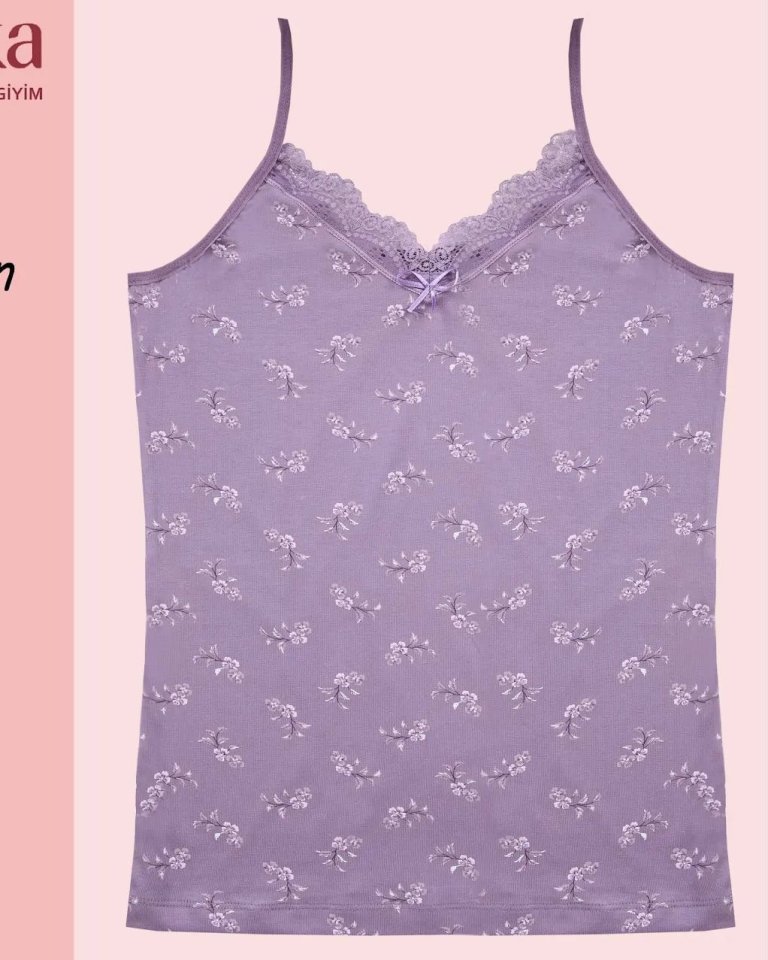 İp Askılı Dantelli Desenli Atlet -Mor