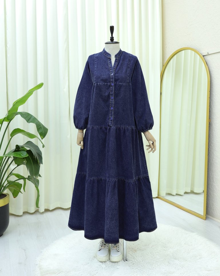 Yarım Düğmeli Kolu Lastikli Yarasa Kol Kot Elbise  -Laci