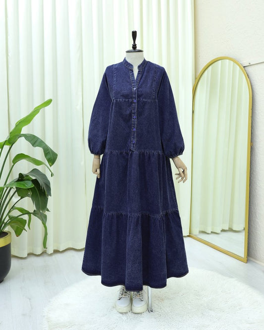 Yarım Düğmeli Kolu Lastikli Yarasa Kol Kot Elbise  -Laci