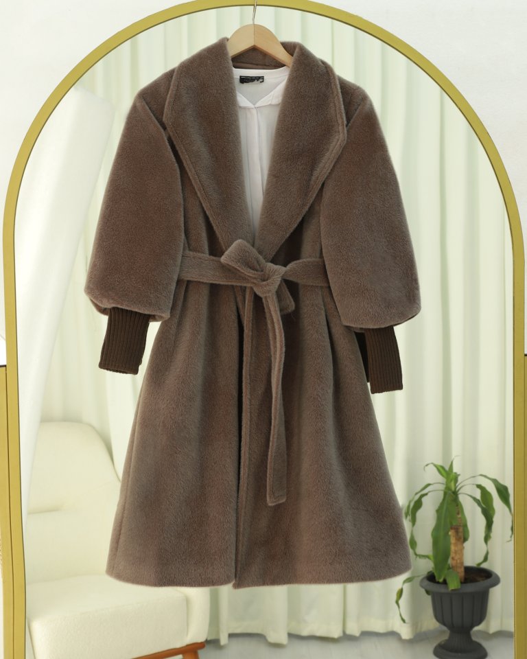 Kolu Ribanalı Şal Yaka Astarlı Kaşe Kaban     -Toprak