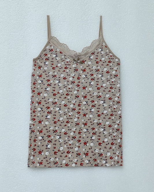 İp Askılı Dantelli Desenli Atlet -Açık Kahve