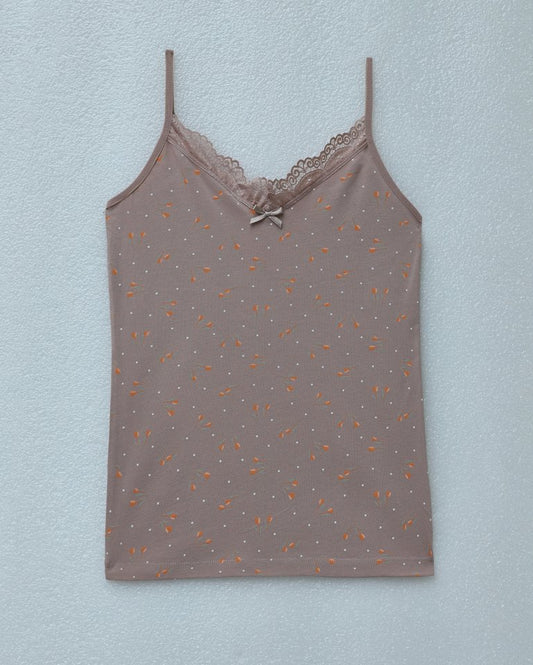 Çiçek Desenli Dantelli İp Askılı Atlet -G.Kurusu