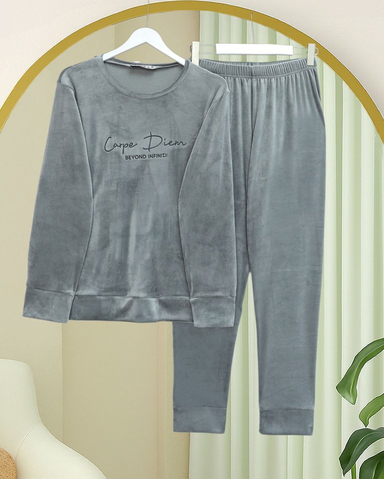 Kabartma Yazılı Fransız Kadife Pijama Takımı -Gri