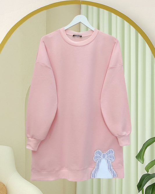 Yuvarlak Yaka Eteği Fiyonk Detaylı  Salaş Penye Tunik  -Pudra