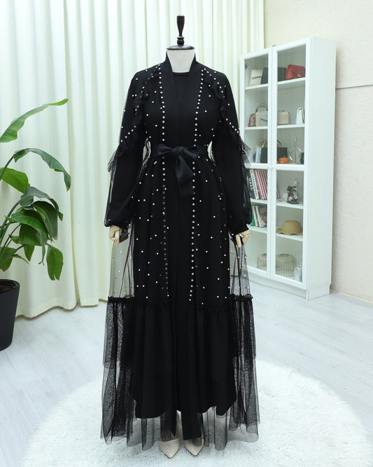 Taş Ve İnci Detaylı Kemerli İkili Tül Abaya Takım -Siyah