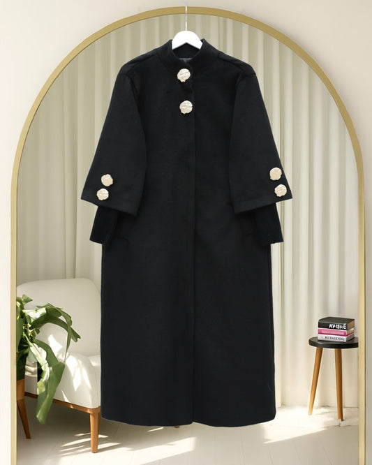 Gold Broşlu Gizli Çıtçıt Düğmeli Cepli Astarlı Kaşe Kap -Siyah