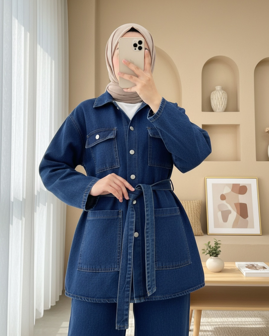 Beli Kemerli Cepli Önü Düğmeli Kot Takım -İndigo