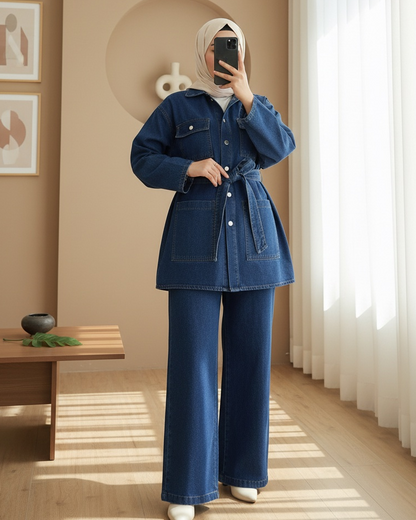 Beli Kemerli Cepli Önü Düğmeli Kot Takım -İndigo