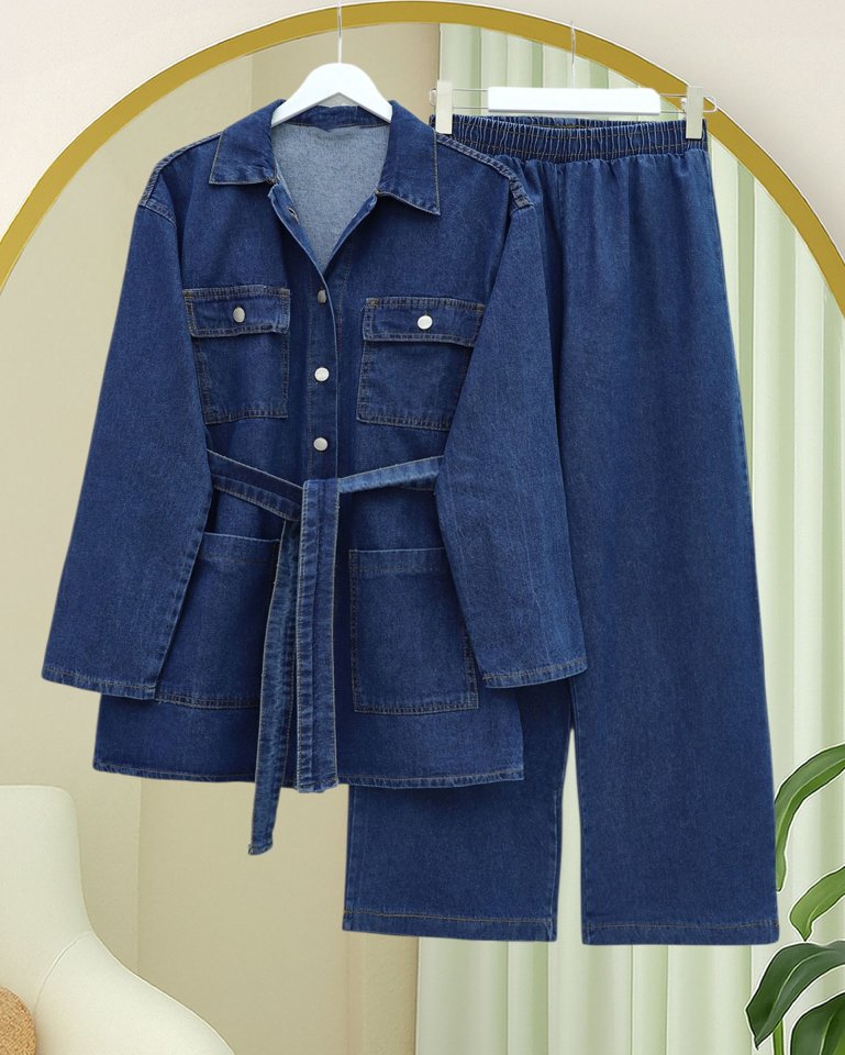 Beli Kemerli Cepli Önü Düğmeli Kot Takım -İndigo