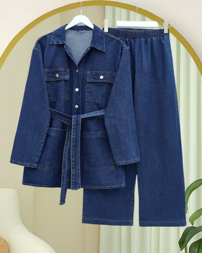 Beli Kemerli Cepli Önü Düğmeli Kot Takım -İndigo