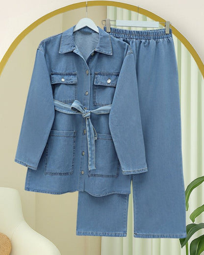 Beli Kemerli Cepli Önü Düğmeli Kot Takım  -Buz Mavi